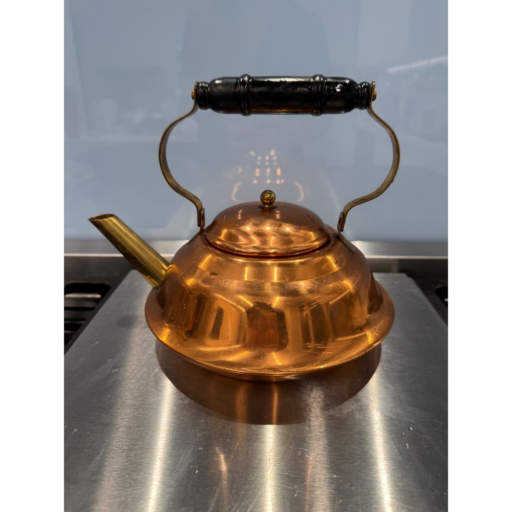 Vintage Copper Tea Kettle Brass Accents Farmhouse Kitchen Decor